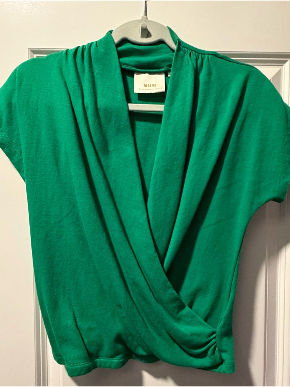 Anthropologie Emerald Green Draped Short-Sleeve Wrap Top